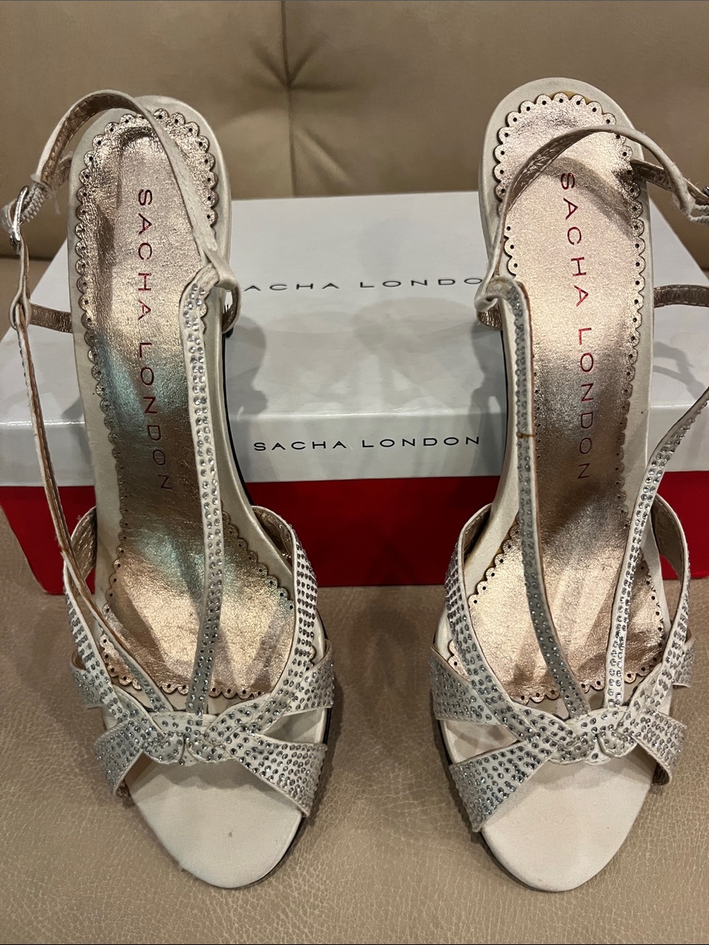 Sacha London Frill Ivory Satin Slingback Heels